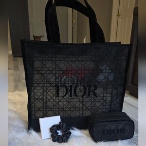 Dior Black Tote Cosmetic Bag Scrunchie Accessories Set